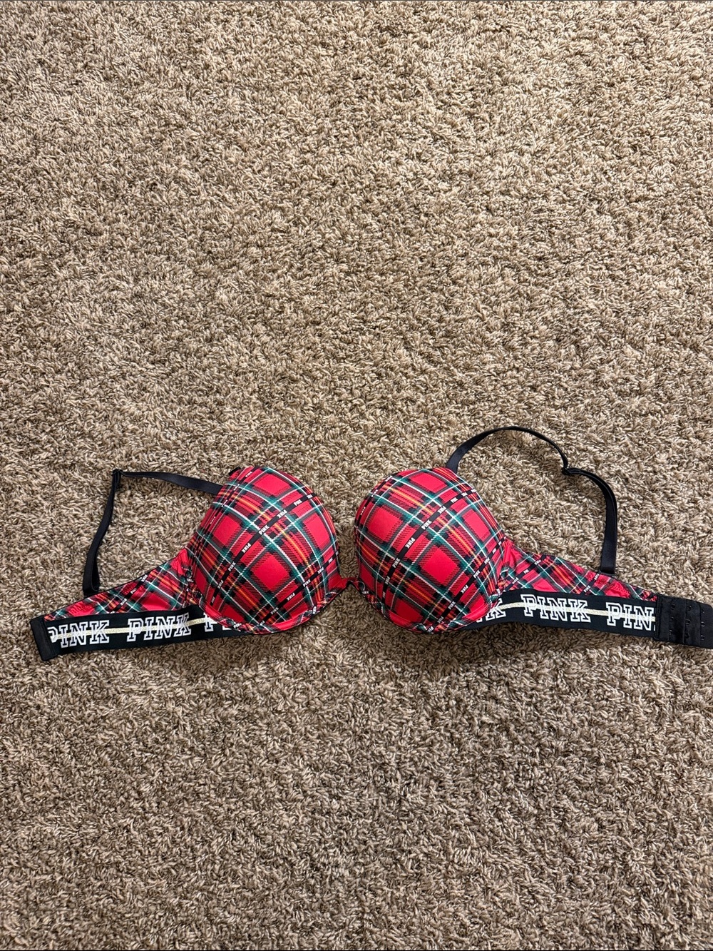 PINK Victoria's Secret Red Plaid Push-Up Bra with Black Logo Band